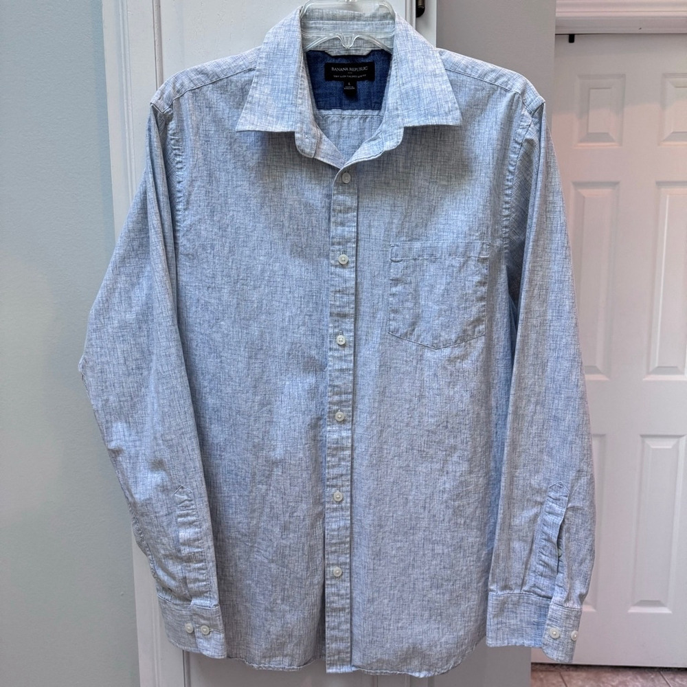 Banana Republic Soft Wash Tailored Slim Fit Shirt, Blue White Crosshatch L
